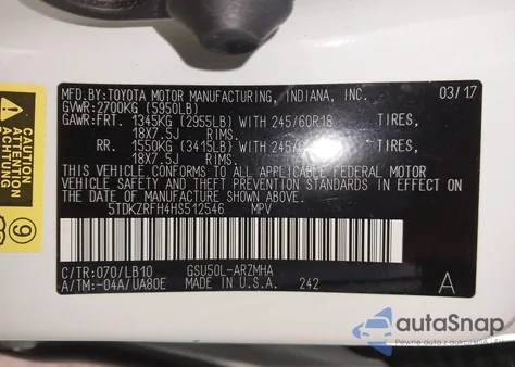 2017 Toyota Highlander Xle z USA, uszkodzony, nr VIN 5TDKZRFH4HS512546